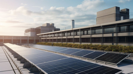 Solar panels on the roof of a modern office building. generatedの素材