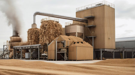 Structure of an industrial plant with a lot of straw balesの素材