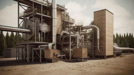 industrial landscape with factory pipes and machinery.の素材