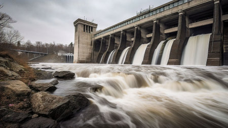 Water flowing from a dam on the Mississippi River in Missouri, USA.の素材