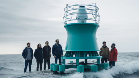 Group of friends standing on the seashore and looking at the lighthouseの素材
