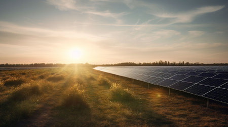 Solar panels in the field at sunset. Alternative energy source.の素材