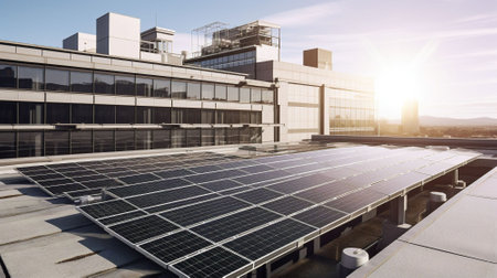 Solar panels installed on the roof of a modern office building. Photovoltaic modules.の素材
