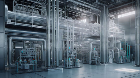 Industrial zone, Steel pipelines, valves and cables in blue tonesの素材