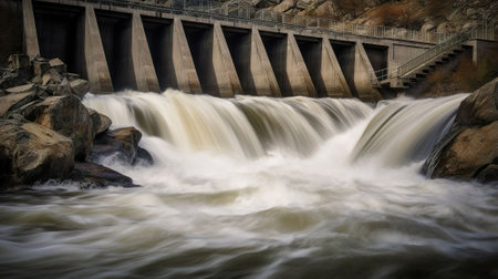 Water flowing over a dam on a river, long exposure photo.の素材