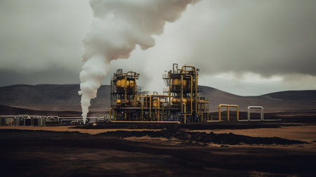 Industrial landscape with smoke stack in the desert.の素材