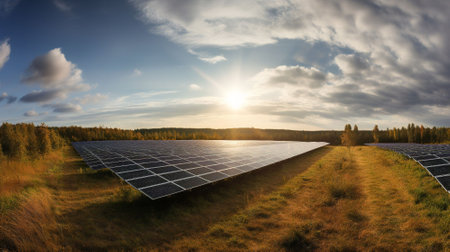 Solar panels in the field at sunset. Panoramic image.の素材
