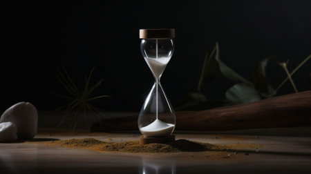 Hourglass and sand on black background. Minimalism concept.AI generatedの素材