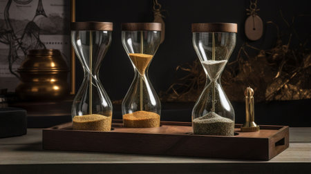 Hourglass with sand on wooden table in dark room, time concept AI generatedの素材