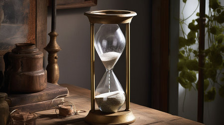 Hourglass on a wooden table. Concept of time and deadline. AI generatedの素材