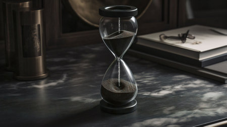 Hourglass on the table with books and clock. AI generatedの素材