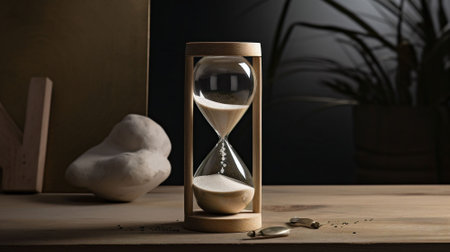 Hourglass on wooden table in dark room. Time management concept. AI generatedの素材
