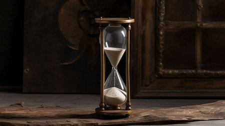 Hourglass on wooden background. Time passing concept. Sandclock. AI generatedの素材