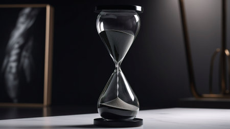 Hourglass on a table in a dark room, AI generatedの素材