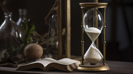 Hourglass and old book on wooden table. Time management concept. AI generatedの素材