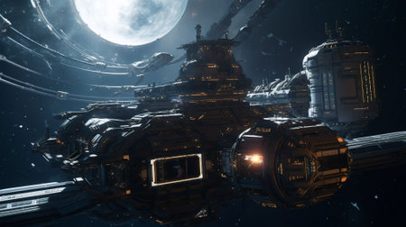 Astronaut and spaceship in outer space. science fiction wallpaper. AI generatedの素材