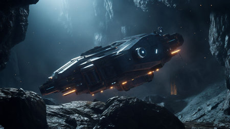 Futuristic spaceship in deep space. Futuristic spaceship in the dark. AI generatedの素材