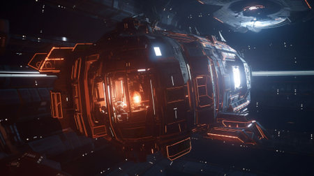 AI generated of science fiction spaceship interior with glowing neon lights.の素材