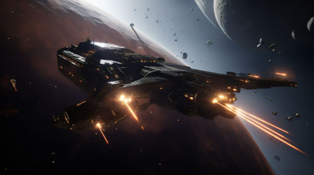 Spaceship flying in space. science fiction wallpaper. AI generatedの素材