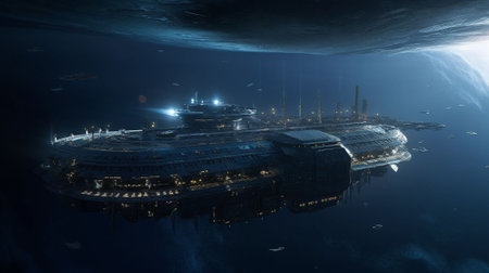 Futuristic ship in deep blue sea. AI generatedの素材
