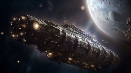 Spaceship in space. science fiction wallpaper. AI generatedの素材