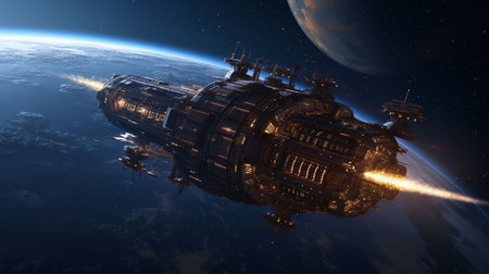 Spaceship and space station in outer space. AI generatedの素材