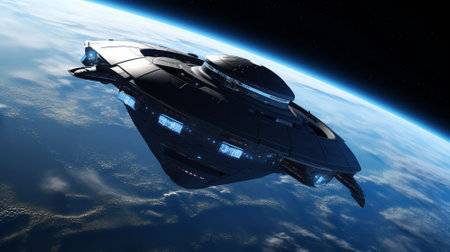 Futuristic spaceship flying in space over the planet. AI generatedの素材