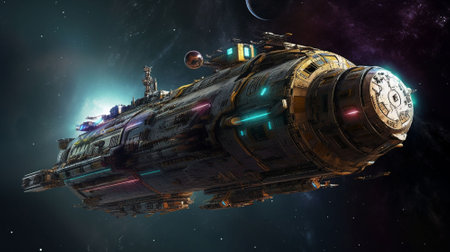 Spaceship in space. science fiction wallpaper. AI generatedの素材