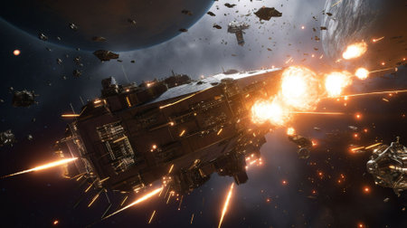 Futuristic spaceship in space. science fiction wallpaper. AI generatedの素材