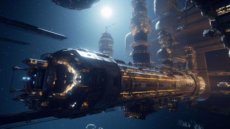 Futuristic space ship in deep space. AI generatedの素材