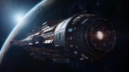 Spaceship in outer space. science fiction wallpaper. AI generatedの素材
