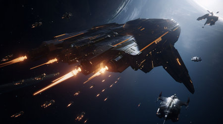 Futuristic space ship in deep space. science fiction wallpaper. AI generatedの素材