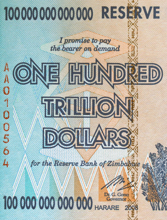part of the bill of Zimbabwe, with the nominal value of one hundred trillion dollarsの写真素材