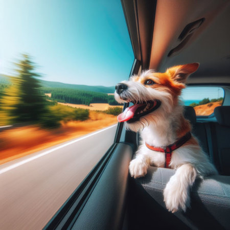 An excited dog revels in the thrill of travel, its eager gaze fixated through the car window.の素材