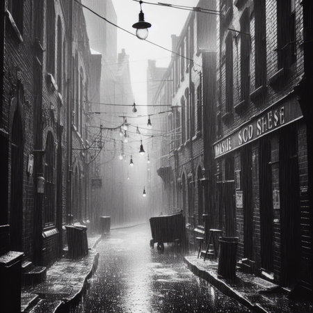 Old grainy black and white photograph of a back street in 1960s Britainの素材