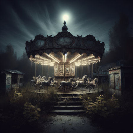 Derelict carousel sits in a foggy wasteland under the gaze of the moonの素材