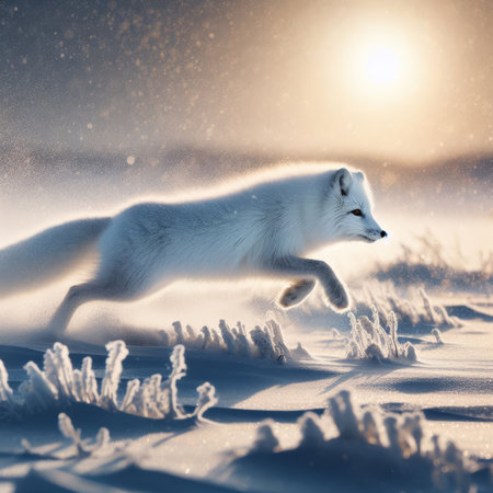 Arctic Fox gracefully navigating the snowy tundra, sprinting through the snow in a captivating display of wildlife in action.の素材