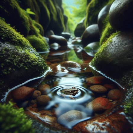 Small frog enjoys cool pool water in streamの素材