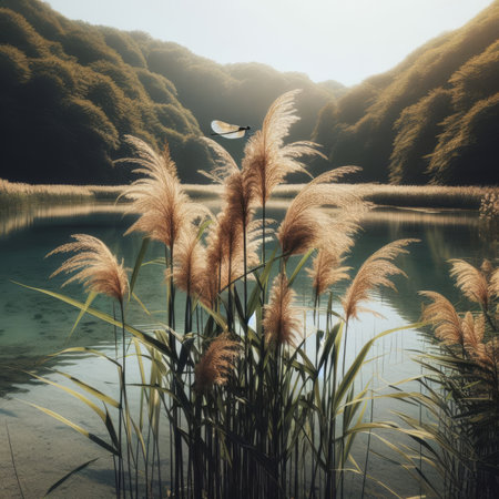 Dragonfly sits atop a bullreed plant next to open pond environmentの素材