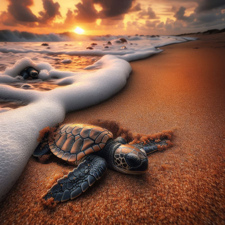 Baby turtles hatch and move to seaの素材