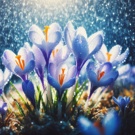 Spring flowers of blue crocuses in blurred rainfall backdrop. Ai generatedの素材