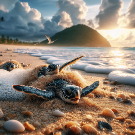 Baby turtles hatch and move to seaの素材
