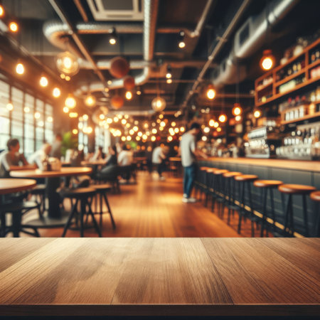Empty wooden surface placed in foreground of cafe environmentの素材