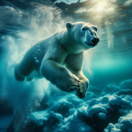 An underwater view captures a polar bear swimming gracefully through icy watersの素材