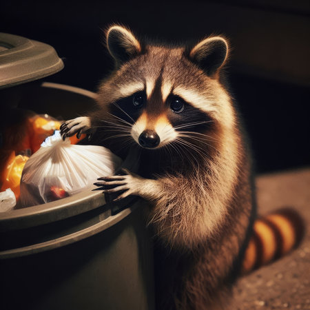 Raccoon leans out of garbage can after rummaging for foodの素材