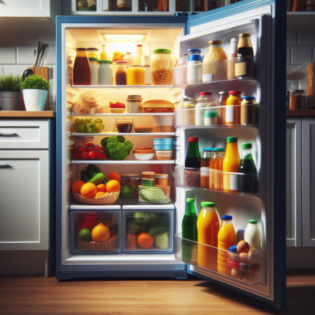 Fridge door open to show packed fridge with food productsの素材