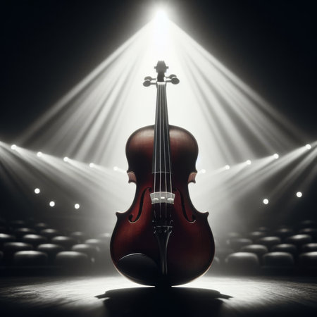 A musical instrument: violin, sits on alone on stage ready to play, under a strong single spotlightの素材