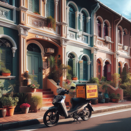 Delivery moped motorbike parked outside residential homeの素材