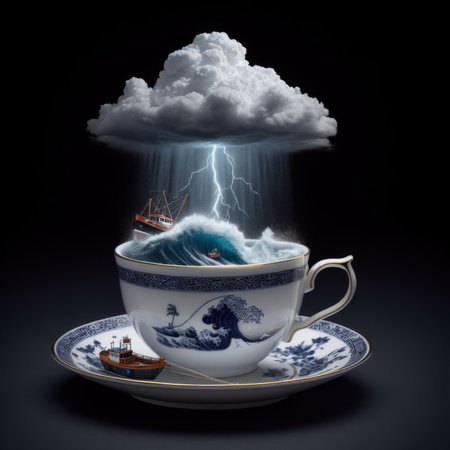 Visualisation of the term "Storm in a tea cup", against dark backgroundの素材