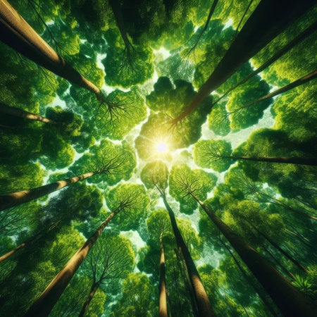 Skyward view looking toward the tree canopy in seasonal change; summerの素材